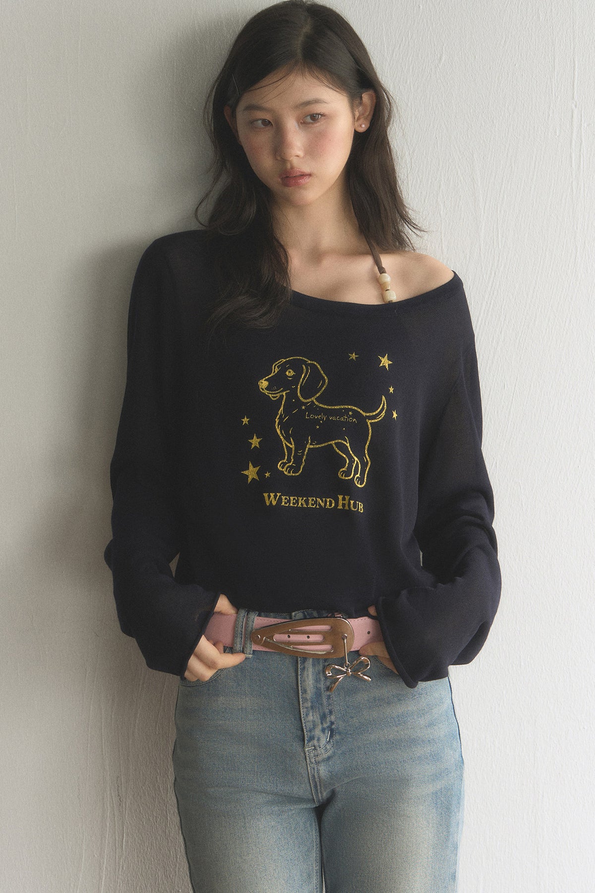 Off-Shoulder Dachshund Top and Flared Jeans Set-Up
