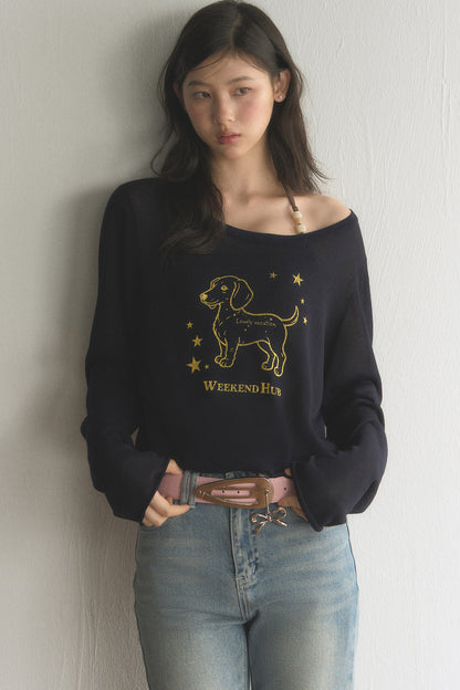 Off-Shoulder Dachshund Top and Flared Jeans Set-Up