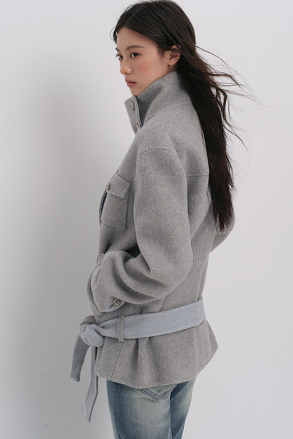 Belted Stand Collar Wool Coat