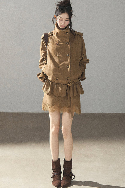 Double-Breasted Faux Suede Trench Coat and Skirt