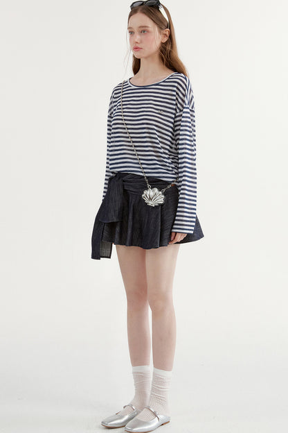Navy Striped Long-Sleeve Top and A-Line Denim Skirt Set