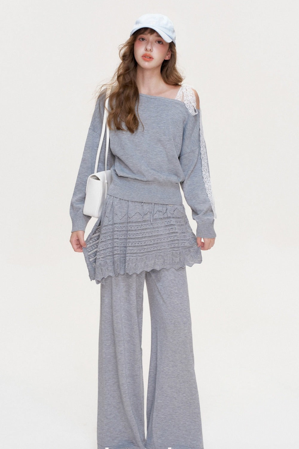 Wool Blend Off-Shoulder Lace Bow Knit Sweater and Pants Set-Up