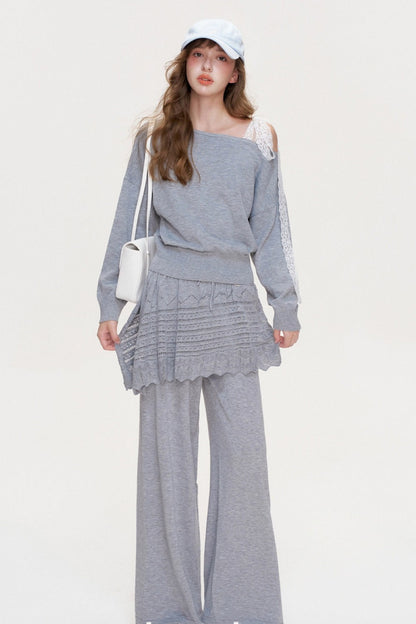 Wool Blend Off-Shoulder Lace Bow Knit Sweater and Pants Set-Up