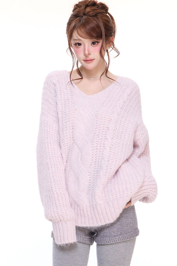 Loose V-Neck Cable Knit Sweater