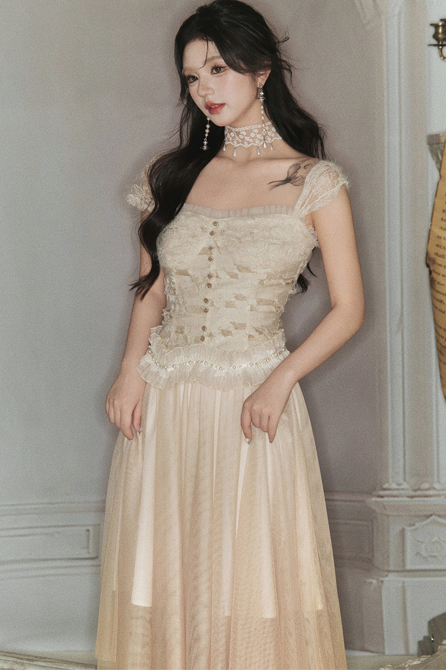 Spliced Pleated Mesh Lace Tube Top