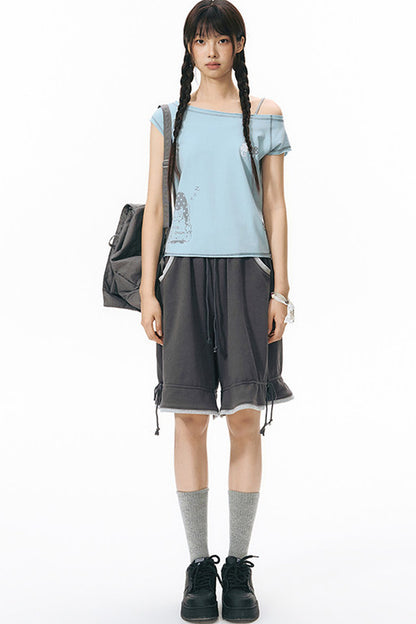 Color-Block Drawstring Elastic Waist Wide-Leg Mid-Length Shorts