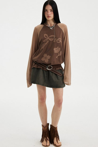 Bow Floral Spliced Long-Sleeve Top