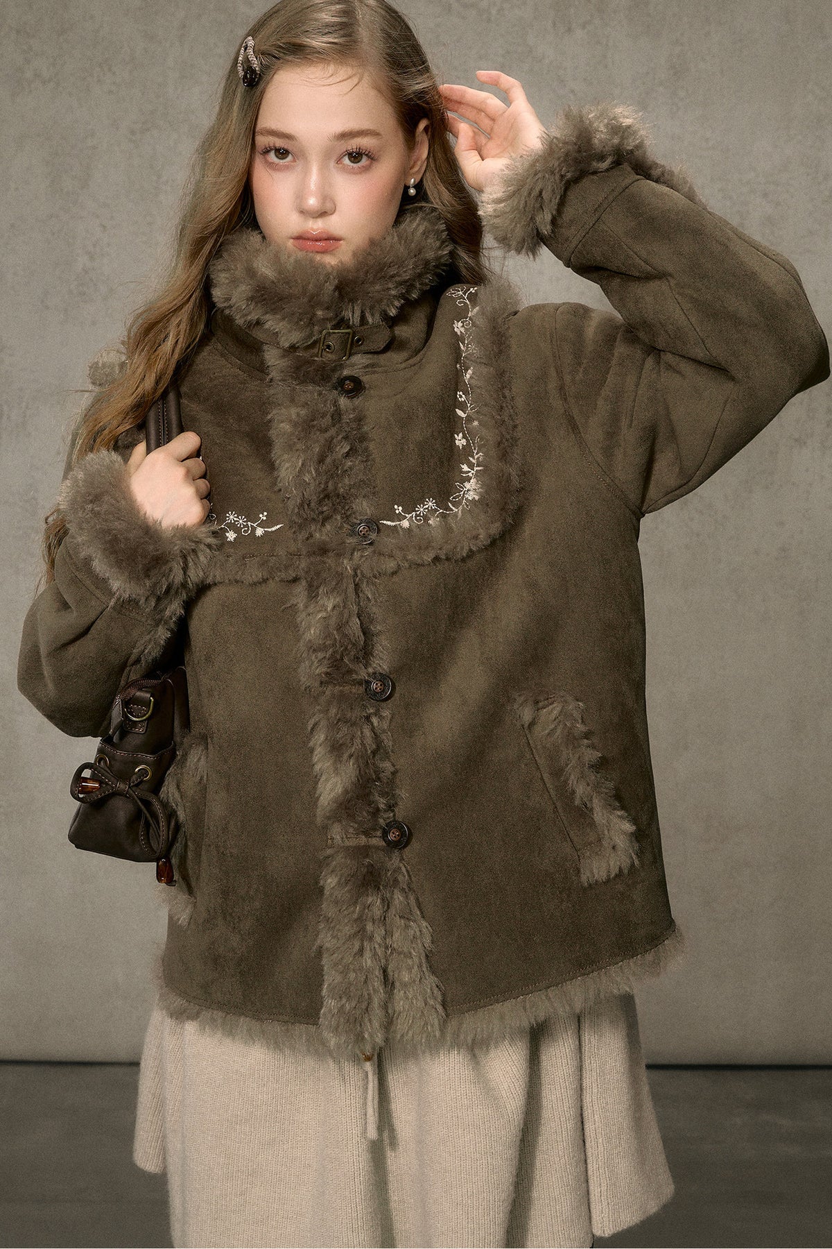 Embroidered Fur Collar Shearling Jacket