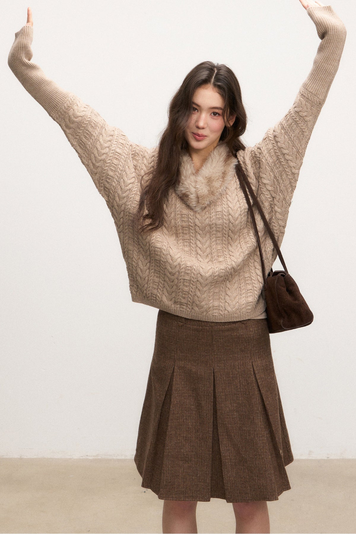 Fur Collar Knit Top and Skirt Set-Up