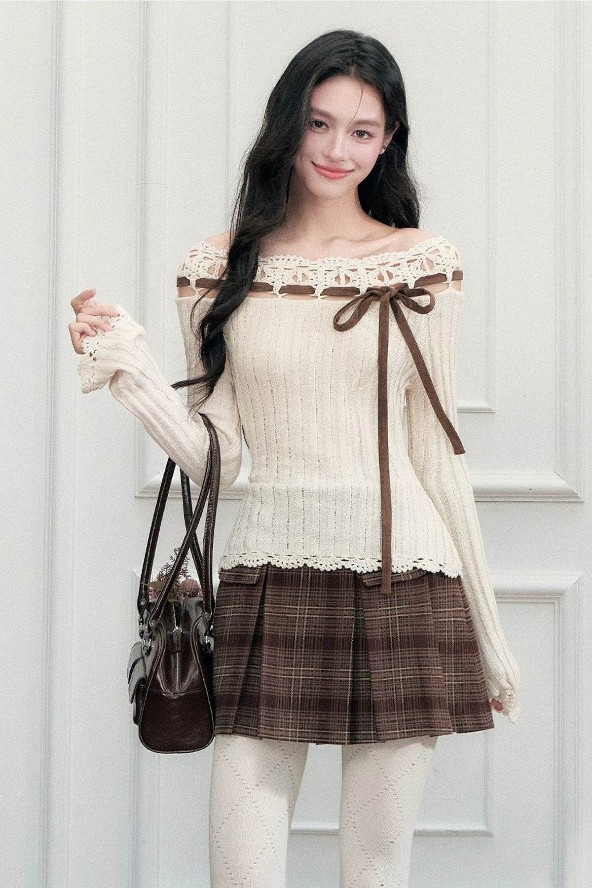 Ribbon Trim Crochet Off-Shoulder Knit Top And Short Skirt Set-Up