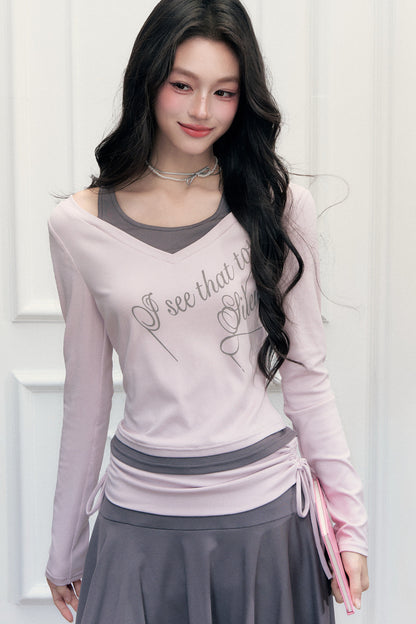 Letter Print T-Shirt with Contrast Drawstring Skirt Set-Up