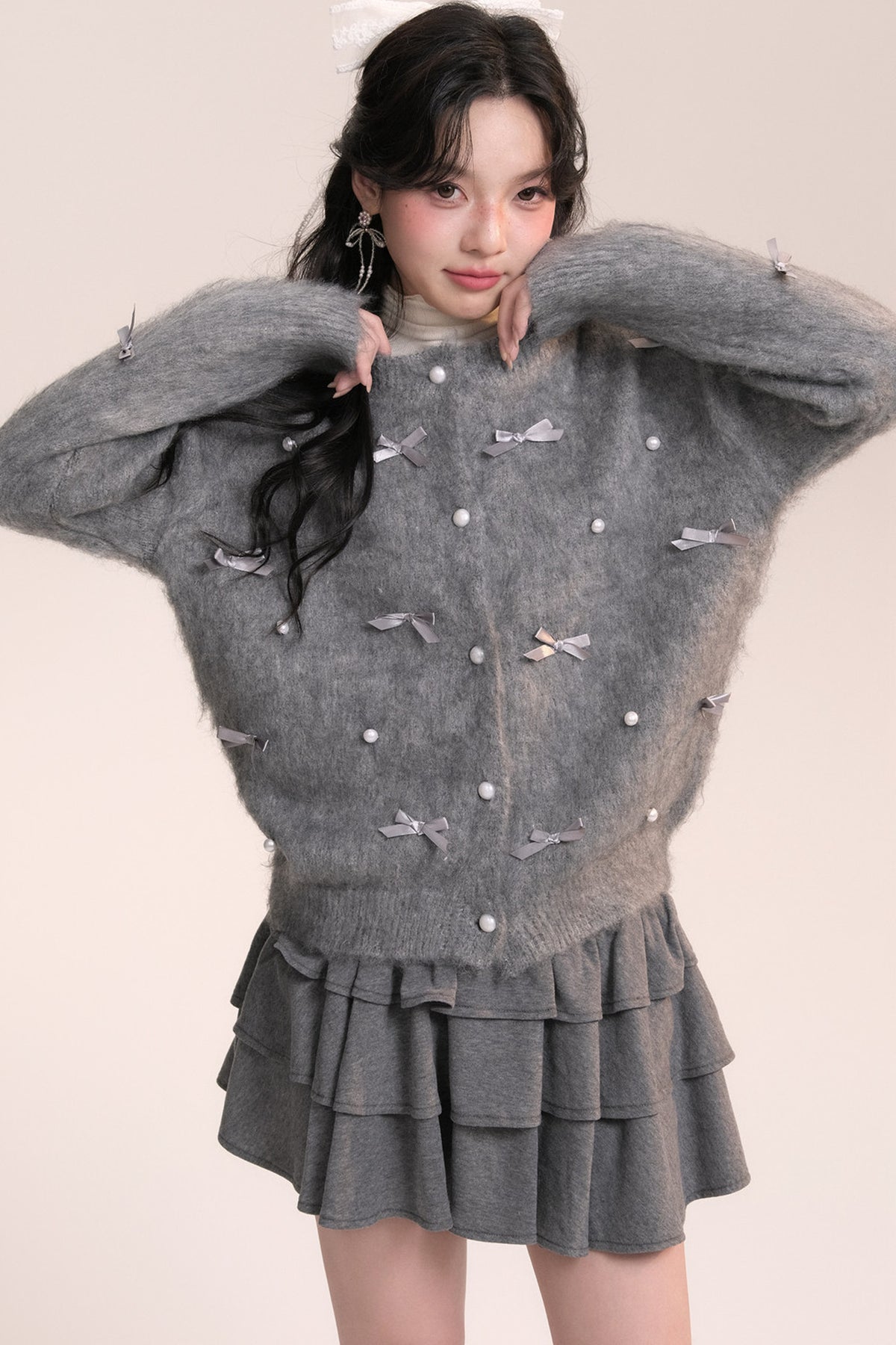 Ballet Bow Knit Cardigan With Skirt Set