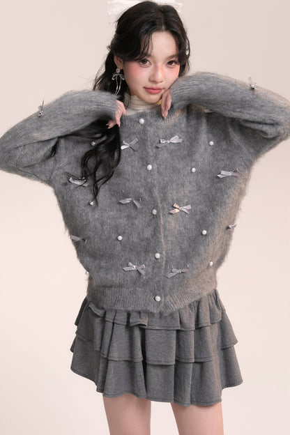 Ballet Bow Knit Cardigan With Skirt Set
