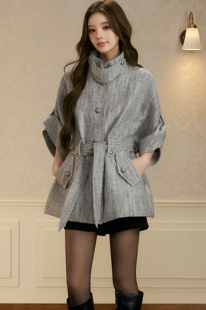 Stand Collar Batwing Wool Cape Jacket