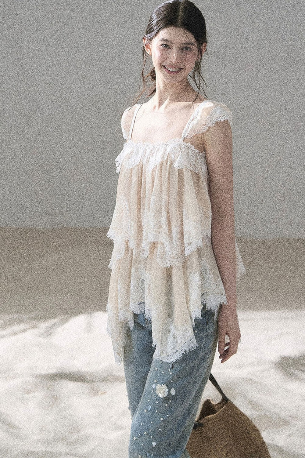 Asymmetric French Lace Mesh Top Set