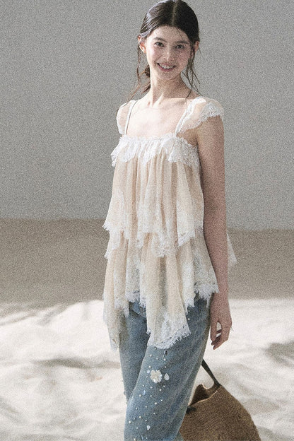 Asymmetric French Lace Mesh Top Set