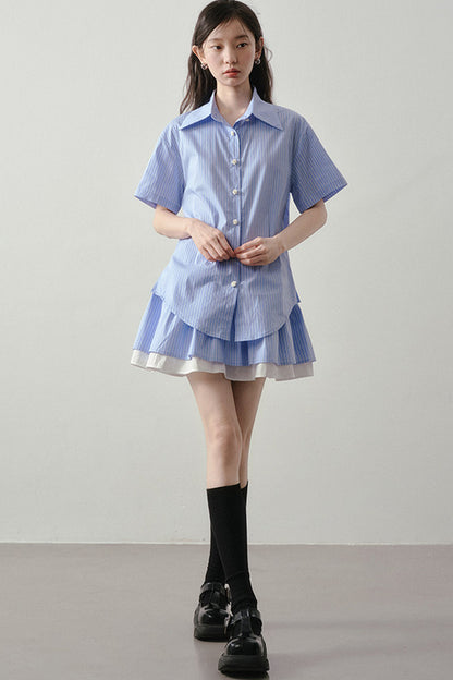 Blue White Striped Shirt and Pleated Skirt Set