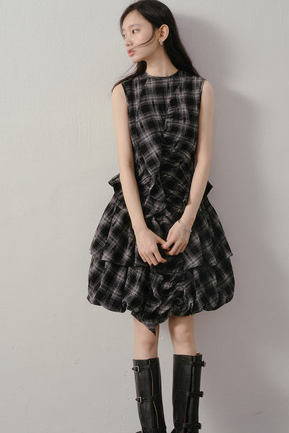 Plaid Ruffle Flower Bud Dress