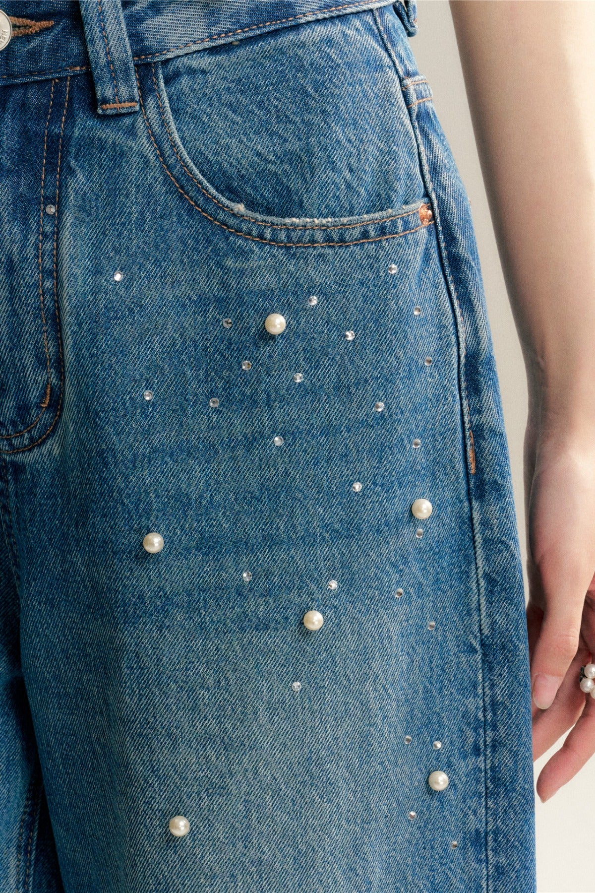 Pearl Rhinestone Wide Leg Jeans