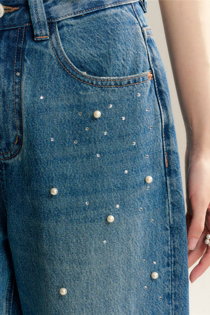 Pearl Rhinestone Wide Leg Jeans