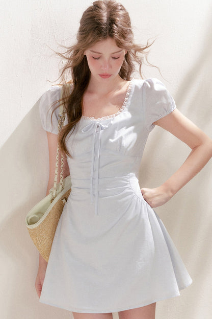 Pleated Linen Cotton Puff Sleeve Dress