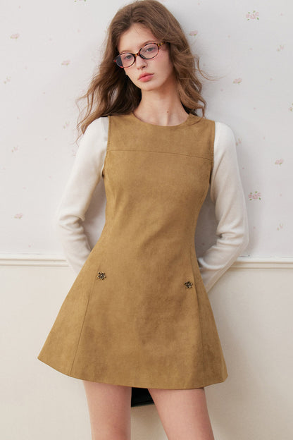 Sleeveless Round Neck Suede A-Line Umbrella Dress
