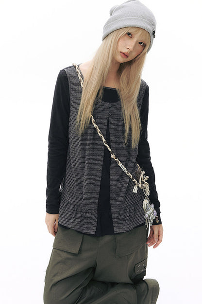Striped Knit Patchwork Long-Sleeve Top