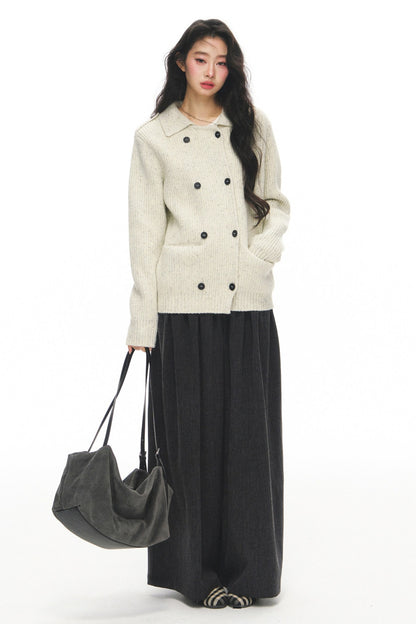 Gray Knit Cardigan With Trousers Set-Up