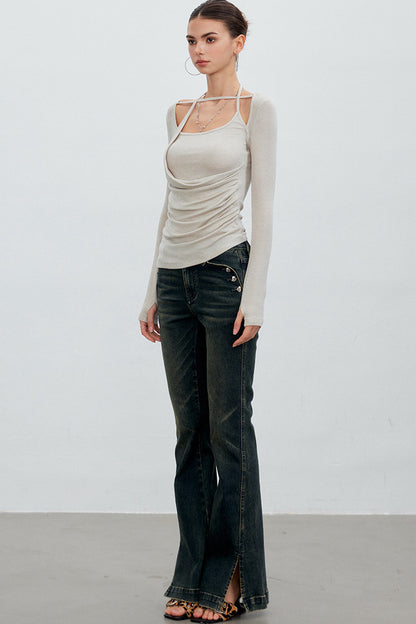 Heart Button Slit Flared Jeans