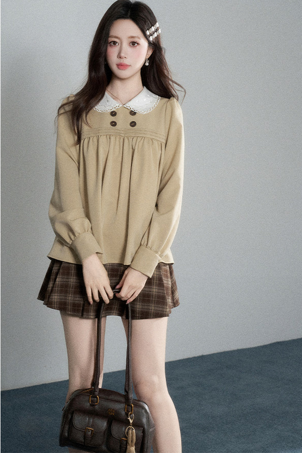 Khaki Doll Collar Pullover Shirt and Skirt Set-Up