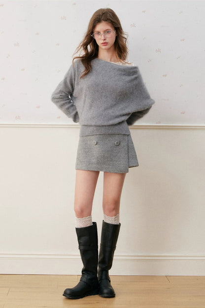 Wool Blend Double-Breasted Asymmetrical Skirt