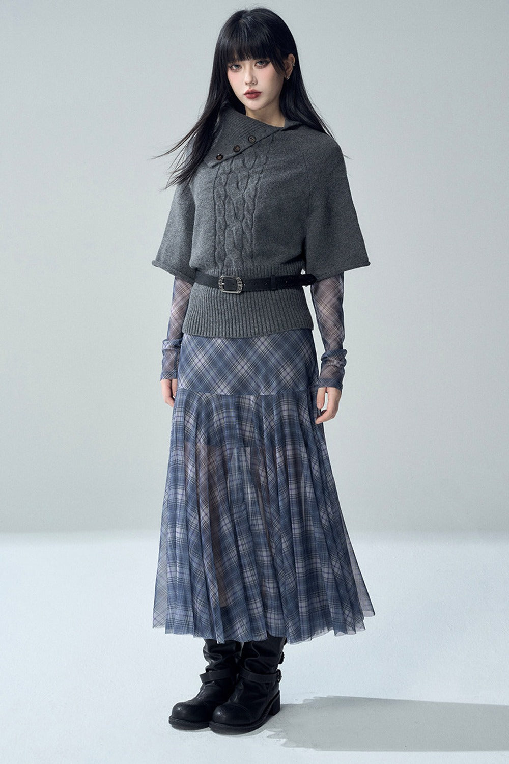 Blue Plaid Long Sleeve Dress Set