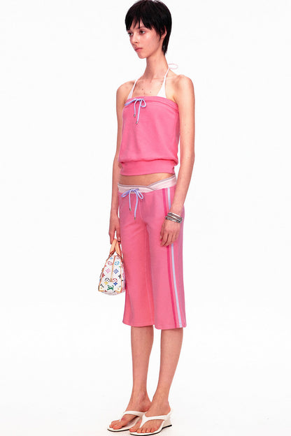 Low-Waist Color-Block Drawstring Knit Capri Pants