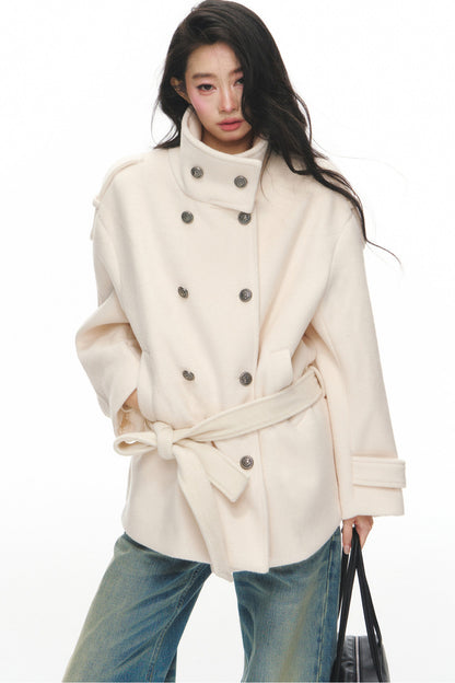 White Double-Breasted Stand-Collar Jacket and Pants Set-Up