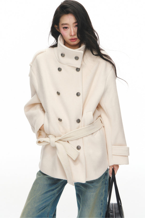 White Double-Breasted Stand-Collar Jacket and Pants Set-Up