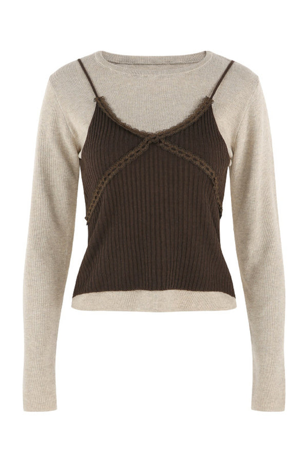 French Style Coffee Knit Top and Skirt Set-Up