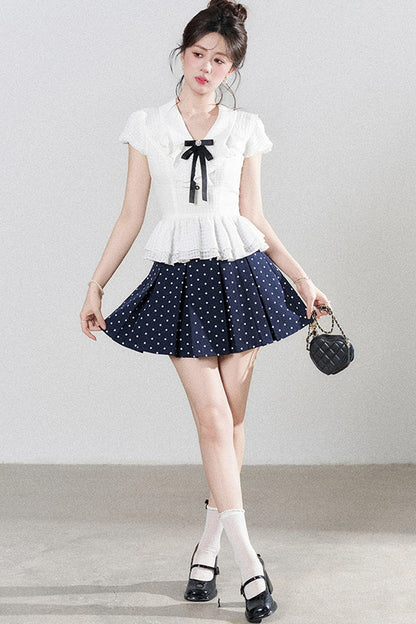 High-Waisted Polka Dot Skirt with Ruffle Shirt Set