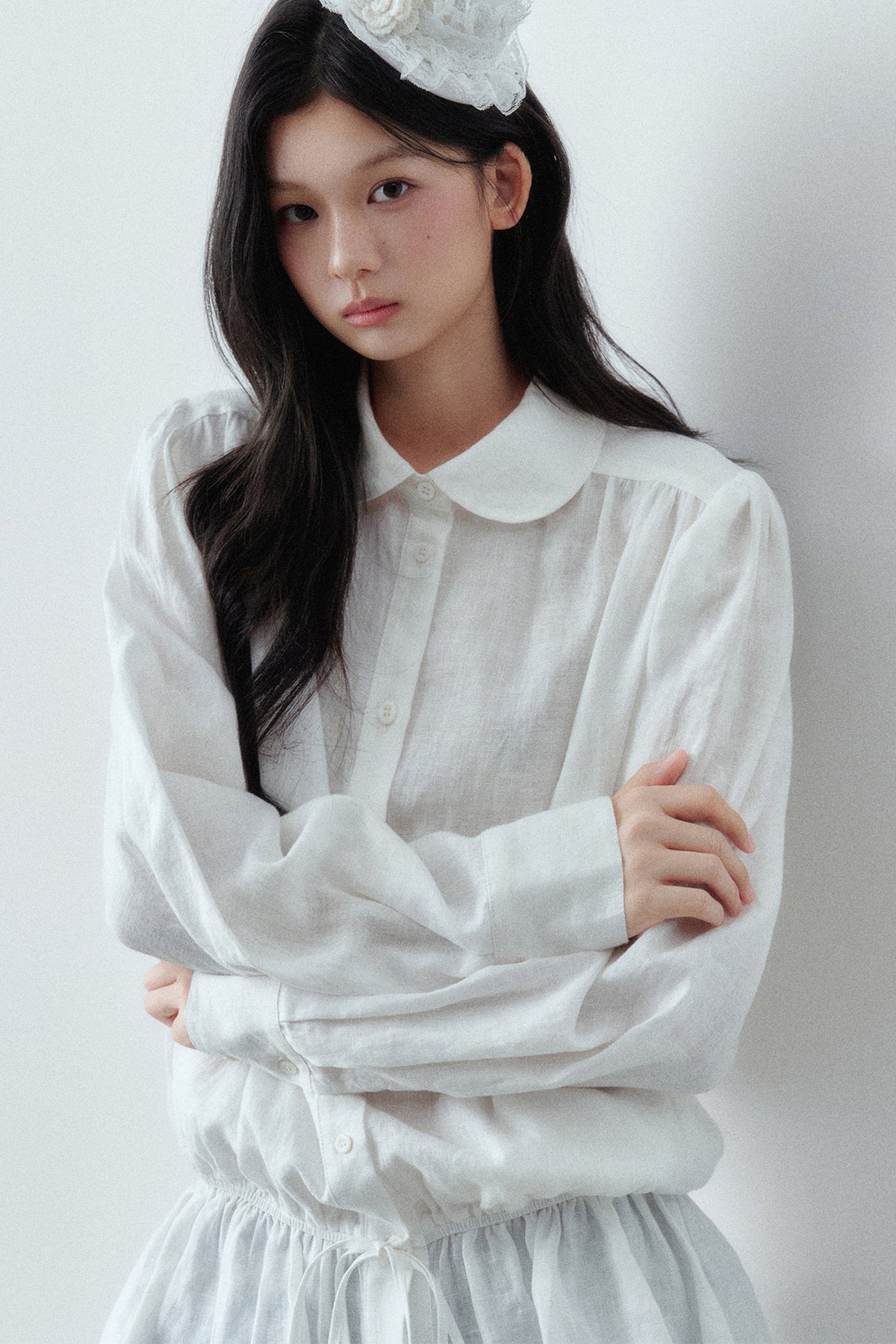 Low-Waist Ruffle Linen Shirt
