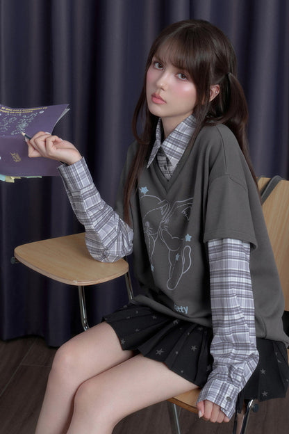 Sweatshirt im Lagenlook mit Katze und Karomuster