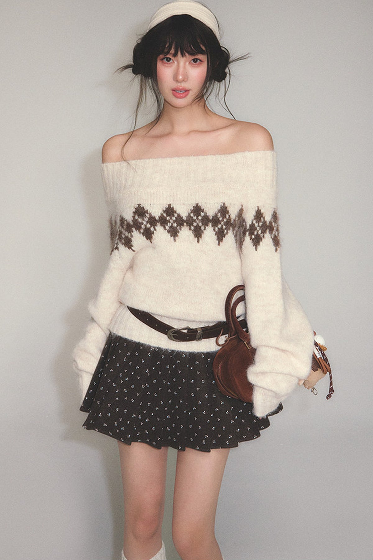 Off-Shoulder Diamond Sweater and Skirt Pullover Set-Up