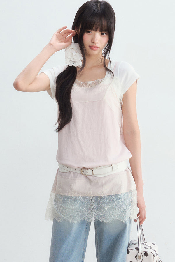White U-Neck Top and Pink Suspender Set-Up