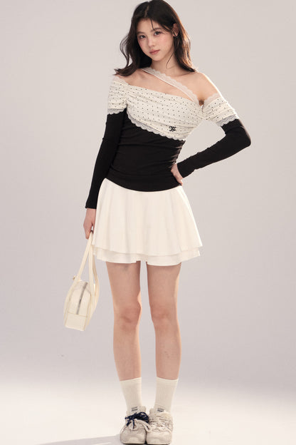 Polka Dot Spliced Lace Off-Shoulder T-Shirt