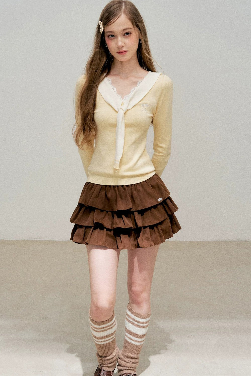 Cream Contrast Lace Tie Knit Sweater