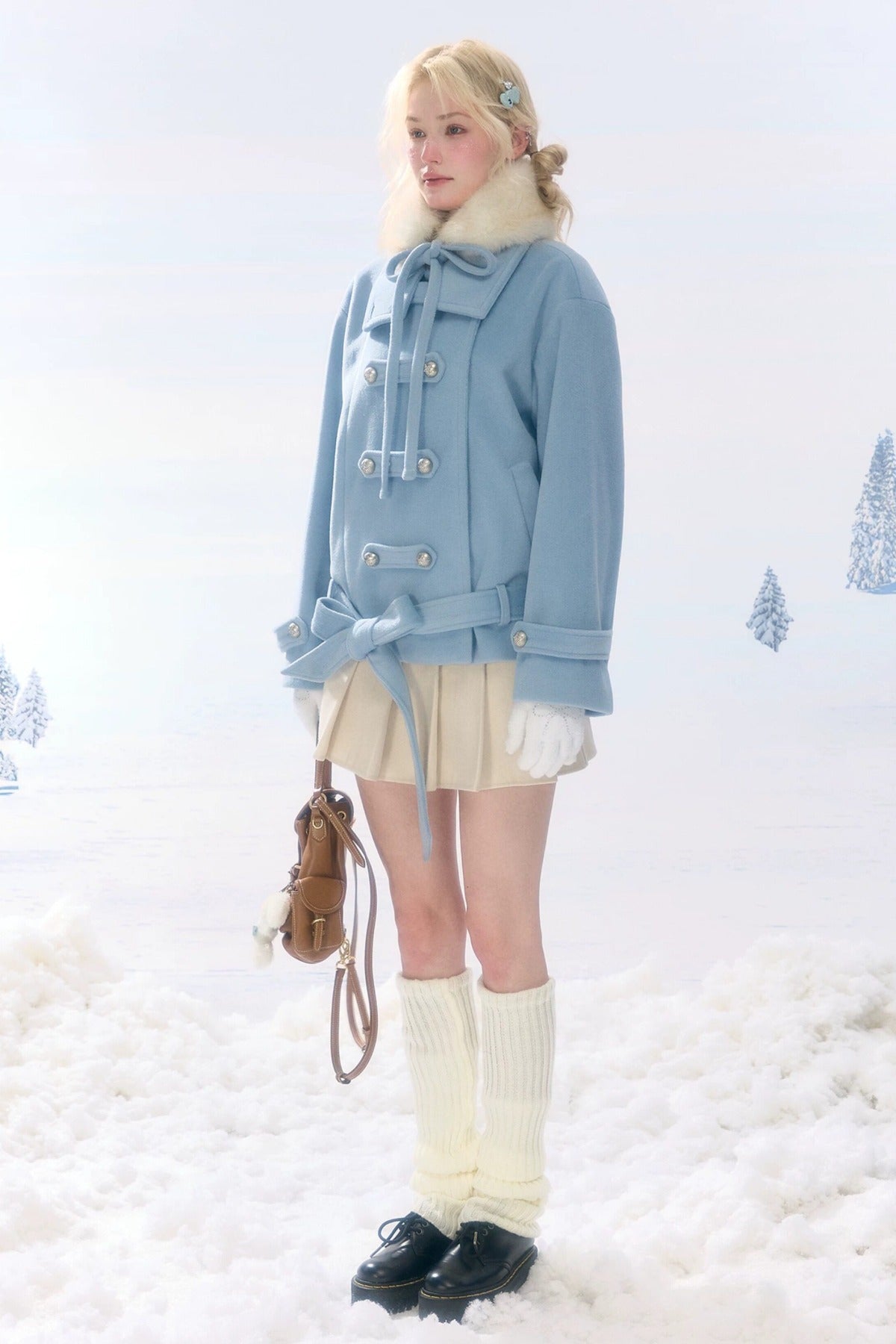 High-Waisted Apricot Pleated Woolen Skirt