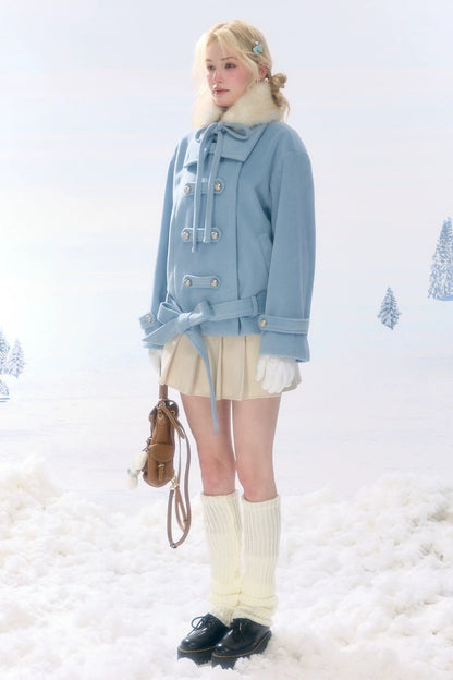 High-Waisted Apricot Pleated Woolen Skirt