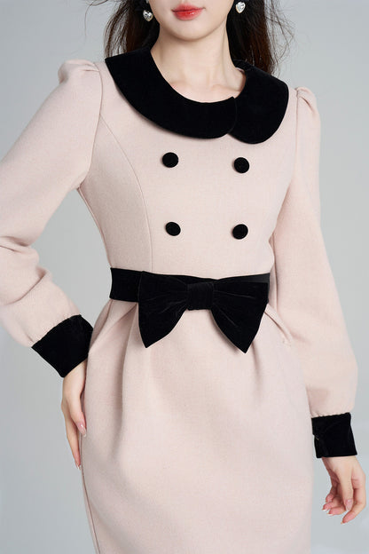 Pink Woolen Cinched Waist Dress