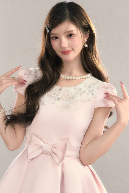 Satin Embroidery Bow A-Line Dress