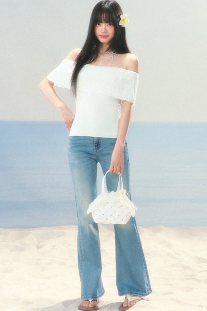 Lace Splicing One-Shoulder Top