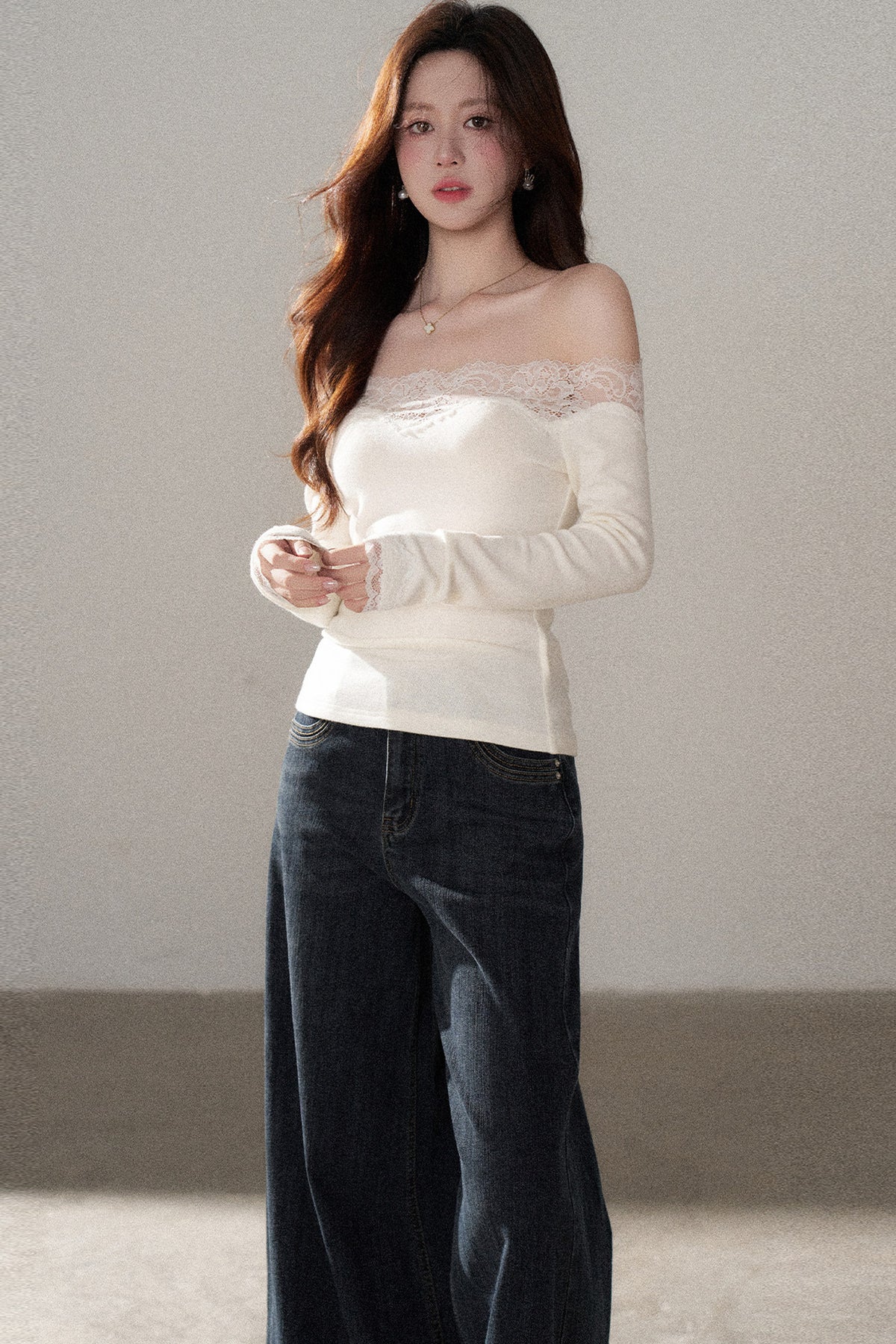 One-Shoulder Lace Knit Top and Jeans Set-Up