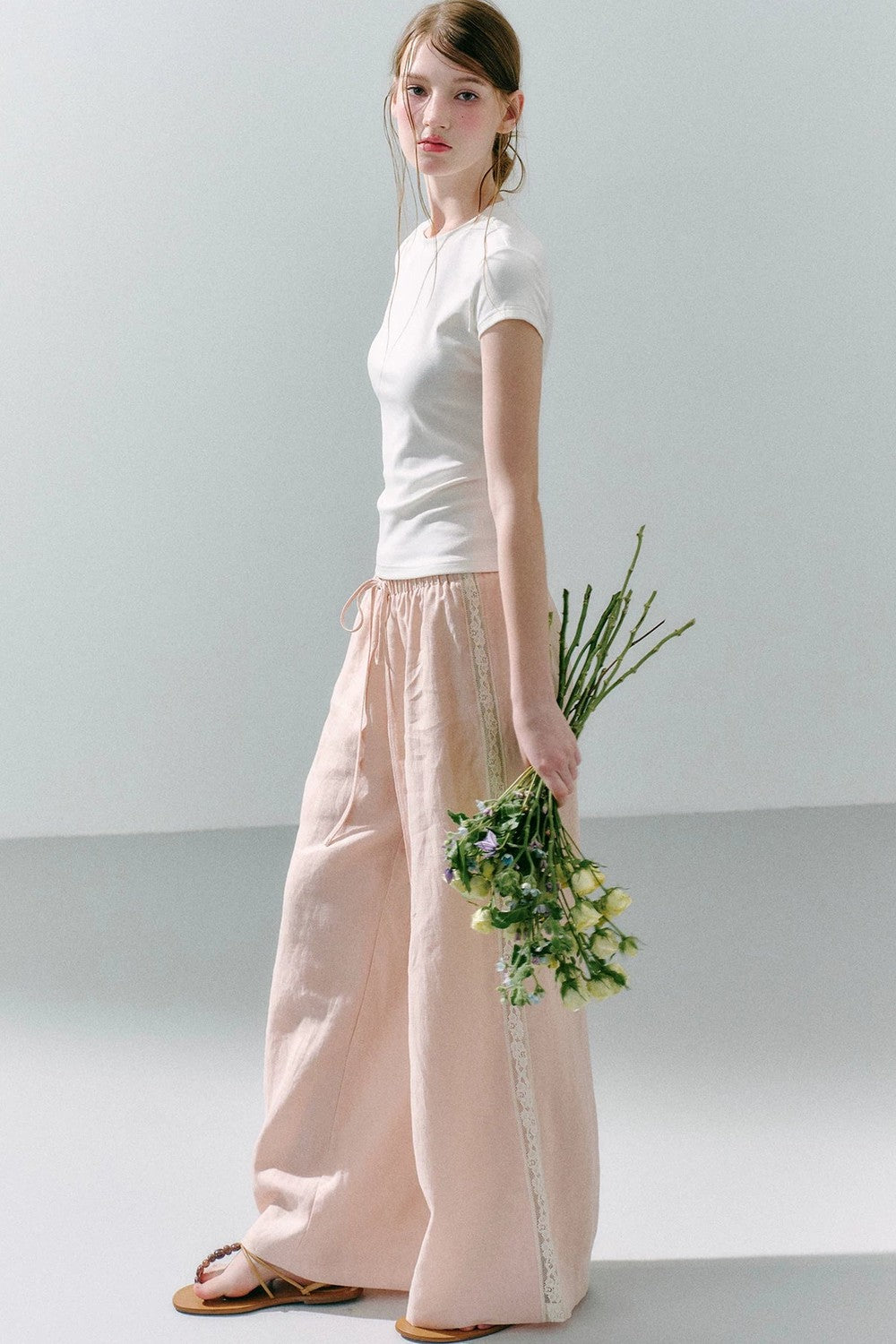 Pure Linen Lace-Trimmed Wide Leg Pants